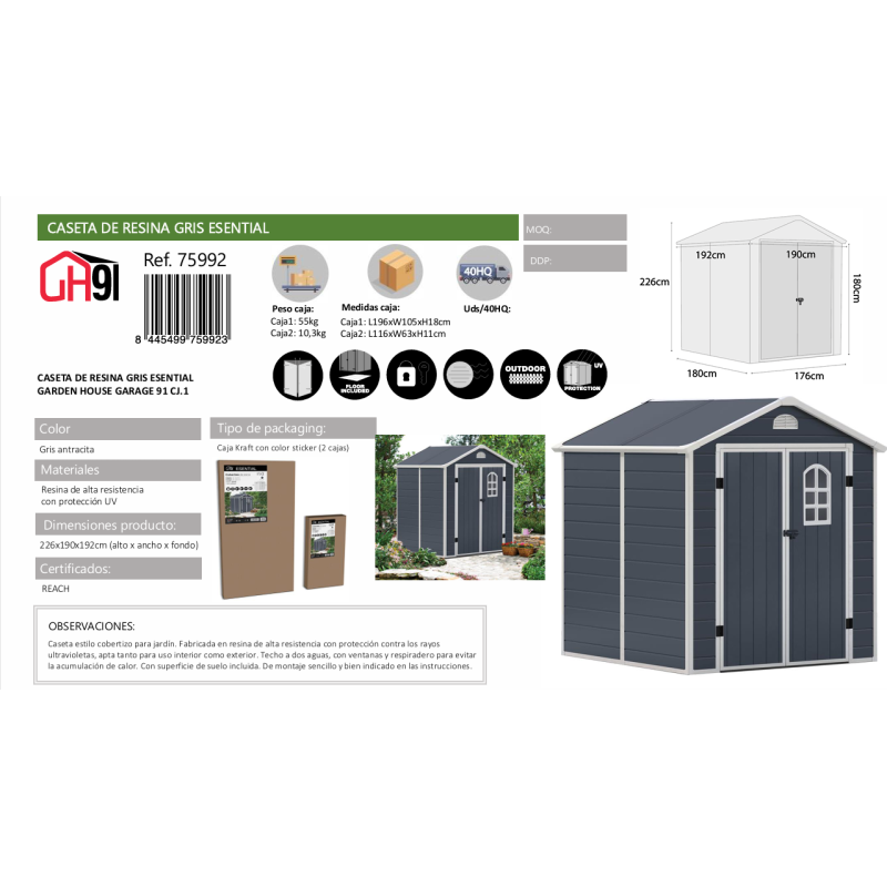 Orion91 - Caseta De Resina Gris Esential, Medidas 226x190x192cm, GARDEN HOUSE GARAGE 91