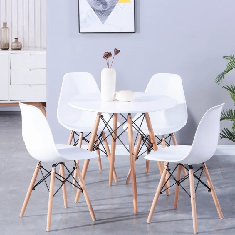 ORION91 Conjunto Mesa 4 Patas Blanca 80x80x76cm + 4 Sillas ORION91 Polipropileno Color Blanco y Patas en Madera Haya 46,5 x 48 x