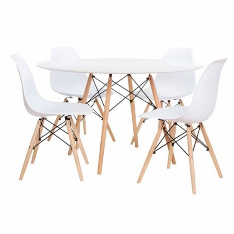 ORION91 Conjunto Mesa 4 Patas Blanca 80x80x76cm + 4 Sillas ORION91 Polipropileno Color Blanco y Patas en Madera Haya 46,5 x 48 x