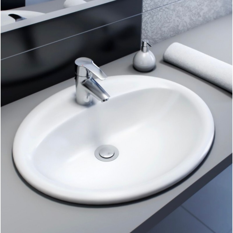 ORION9oficial - Lavabo Porcelana de sobre encimera encastrable, ovalado encastrable de 51cm con 1 orificio 51x45x21 cm Blanco