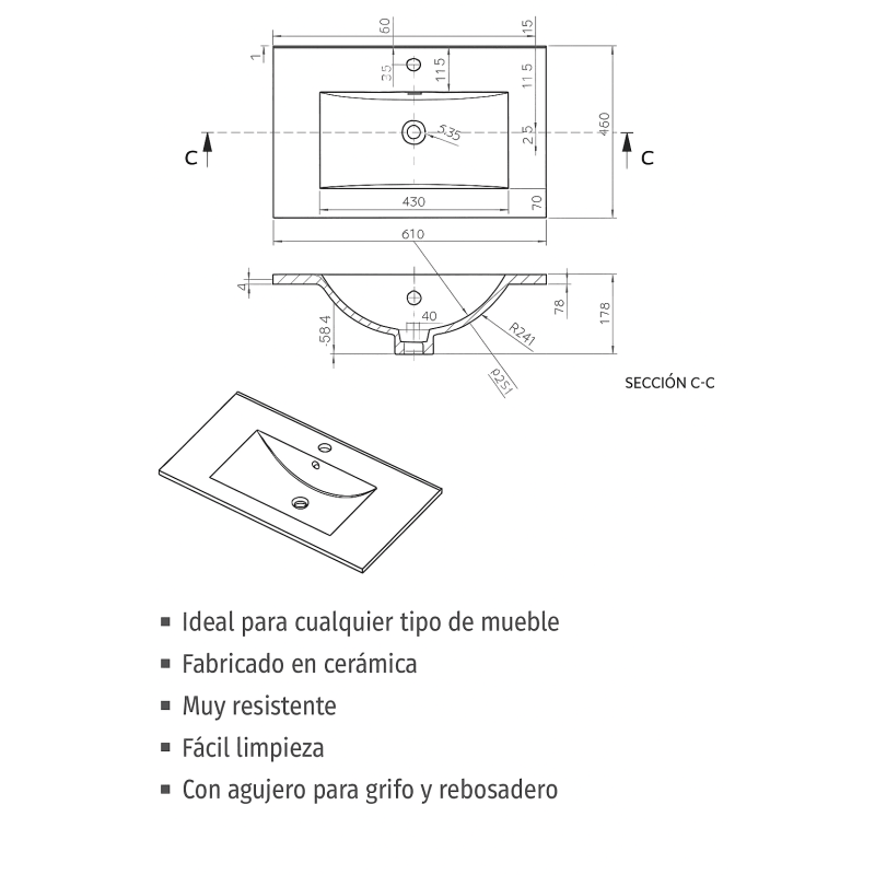 ORION91 - Lavabo encimera, Recto, 61x46x18 cm, Color Blanco