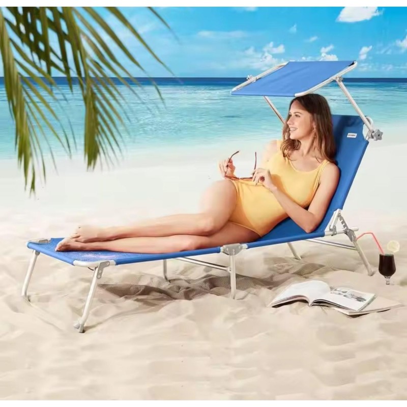 ORION91 Tumbona Plegable Textileno Azul Marino con Parasol Asa Playa Piscina Hamaca Suelo Robusta (185x55x24 cm) hasta 150Kg