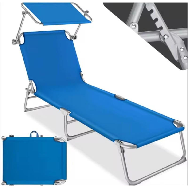 ORION91 Tumbona Plegable Textileno Azul Marino con Parasol Asa Playa Piscina Hamaca Suelo Robusta (185x55x24 cm) hasta 150Kg