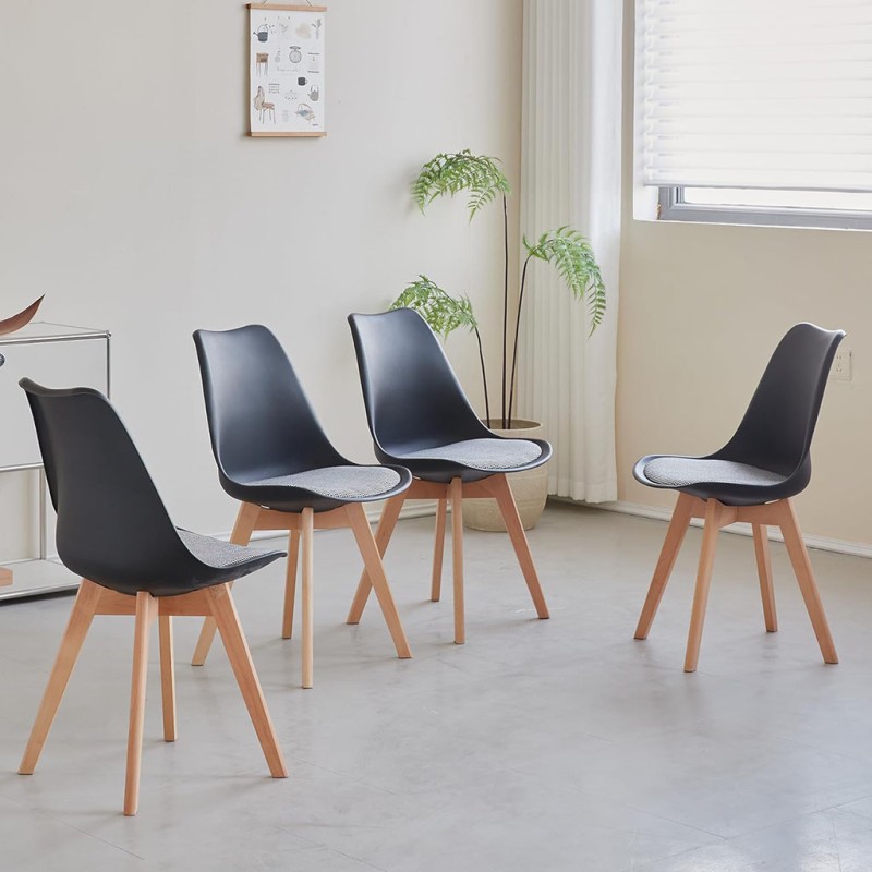 ORION91 Silla LYRA Cojín Acolchado de Lino, Sillas para Cocina, Oficina, Sala de Estar – Color Negro 🖤 40 x 49 x 82 cm - SpazioL