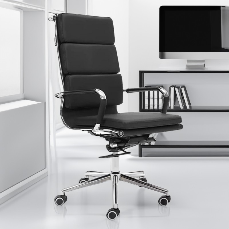 ORION91 Silla Director Respaldo Alto Acolchado Piel Sintética Color Negro 🖤 Estructura Cromo 56x65x108cm Oficina Profesional Tel