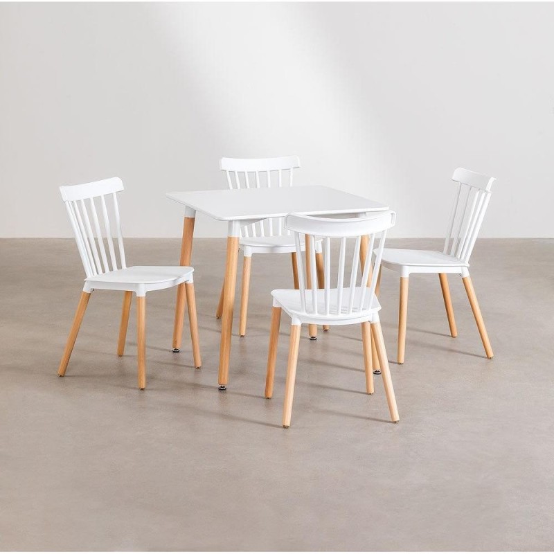 ORION91 Conjunto ALCIONE Mesa Cuadrada (80x80x75 cm) + 4 Sillas Color Blanco Patas Haya (83x48x52,5 cm) Comedor Oficina Salón Te