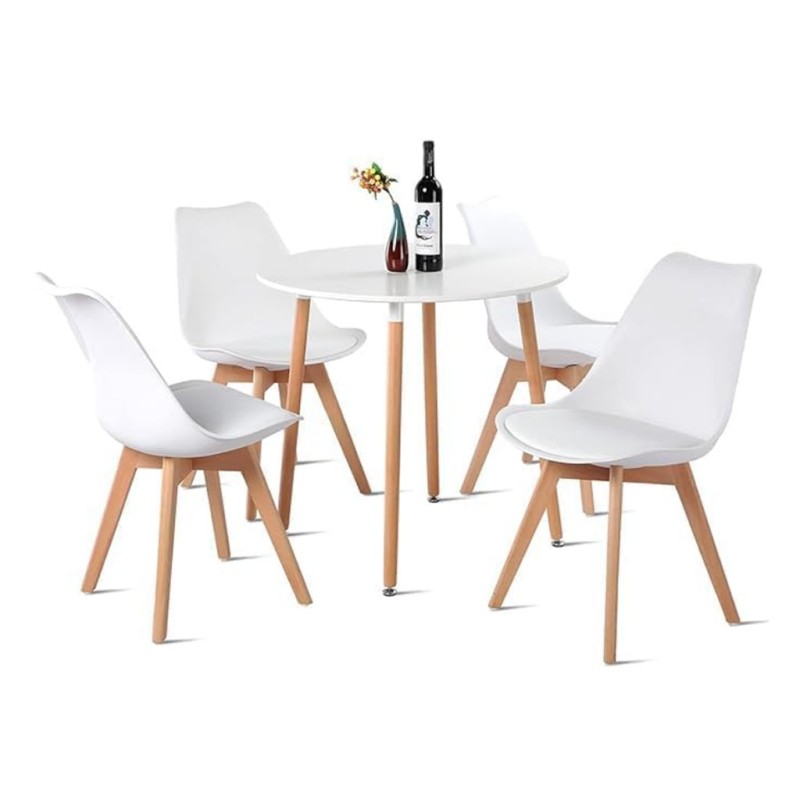 ORION91 Conjunto Mesa 80 cm + 4 Sillas SIRIO Acolchadas Color Blanco - Estilo Nórdico Ideal para Comedor, Oficina, Salón, Terraz