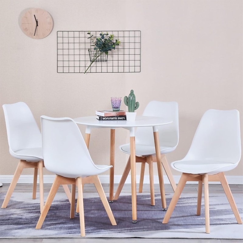 ORION91 Conjunto Mesa 80 cm + 4 Sillas SIRIO Acolchadas Color Blanco - Estilo Nórdico Ideal para Comedor, Oficina, Salón, Terraz