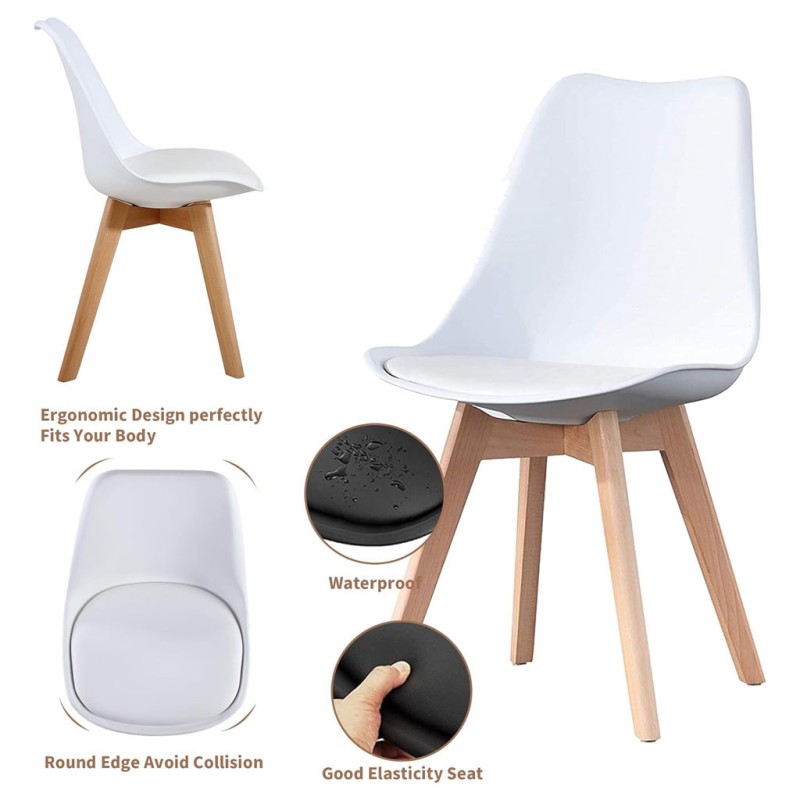 ORION91 Conjunto Mesa 80 cm + 4 Sillas SIRIO Acolchadas Color Blanco - Estilo Nórdico Ideal para Comedor, Oficina, Salón, Terraz