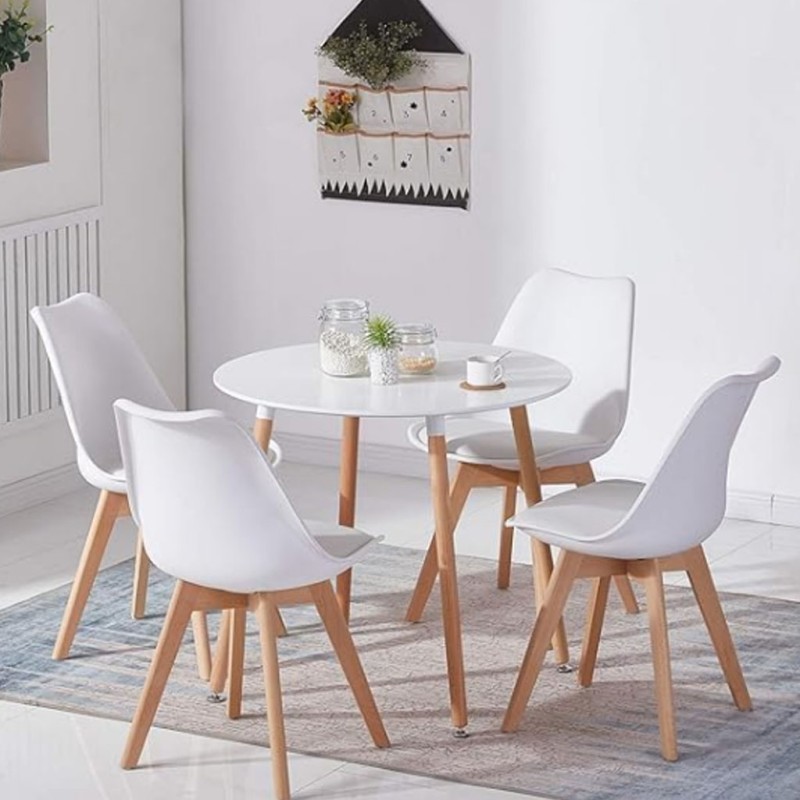 ORION91 Conjunto Mesa 80 cm + 4 Sillas SIRIO Acolchadas Color Blanco - Estilo Nórdico Ideal para Comedor, Oficina, Salón, Terraz