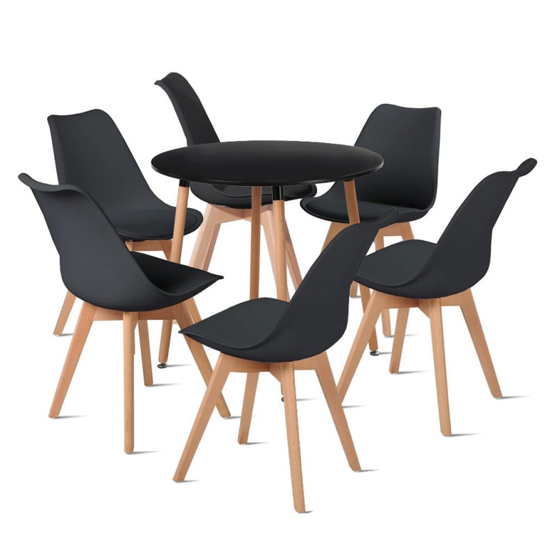ORION91 Conjunto de 6 Sillas SIRIO Acolchadas Color 🖤 y Mesa Redonda 4 patas 100 cm Negro - Estilo Nórdico Ideal para Comedor, S