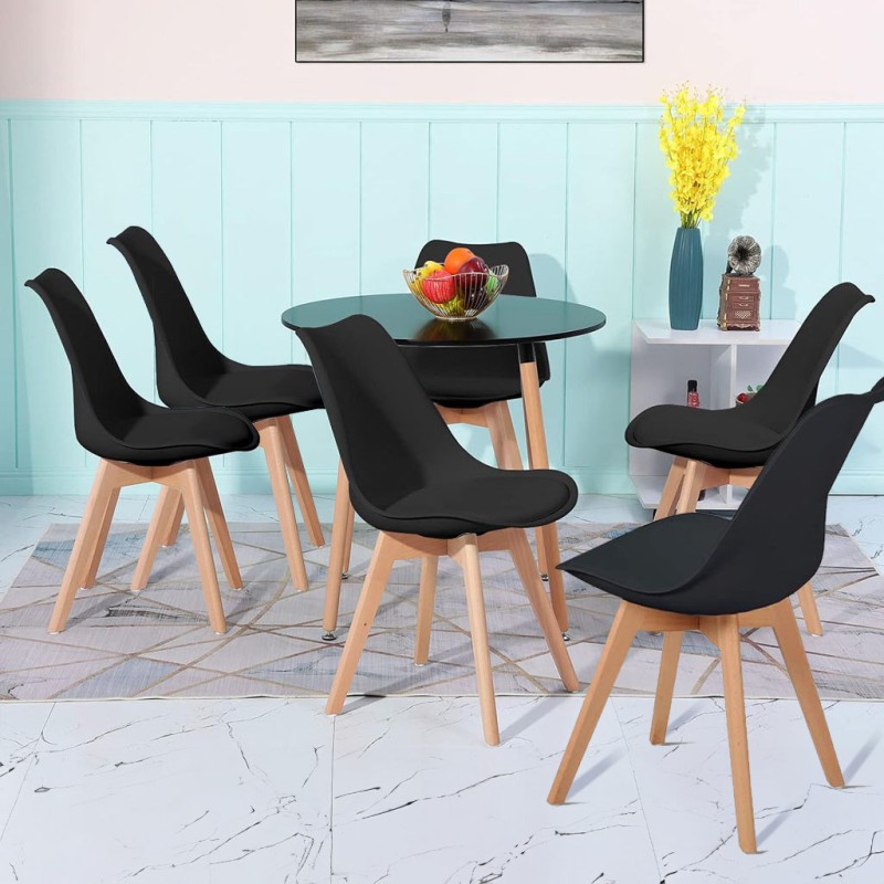 ORION91 Conjunto de 6 Sillas SIRIO Acolchadas Color 🖤 y Mesa Redonda 4 patas 100 cm Negro - Estilo Nórdico Ideal para Comedor, S