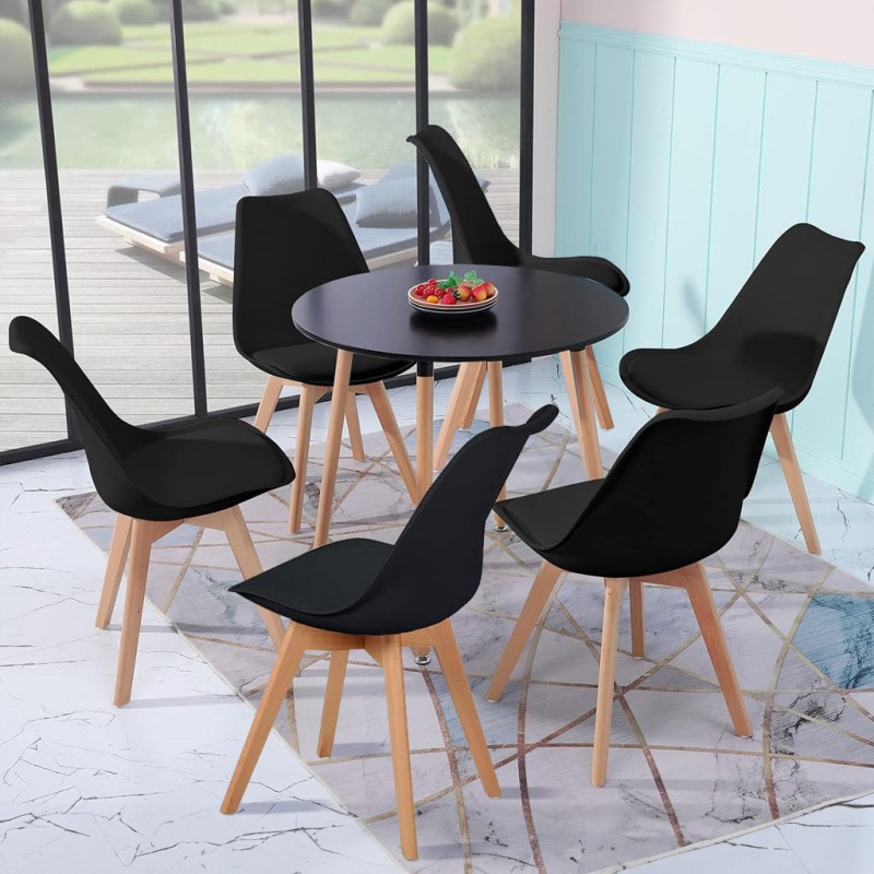 ORION91 Conjunto de 6 Sillas SIRIO Acolchadas Color 🖤 y Mesa Redonda 4 patas 100 cm Negro - Estilo Nórdico Ideal para Comedor, S