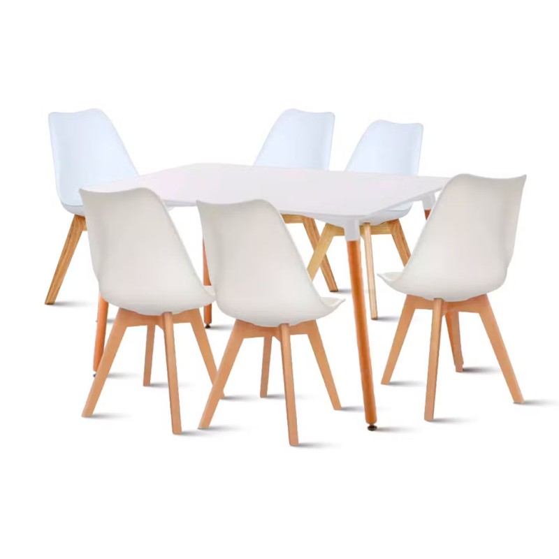 ORION91 Conjunto de 6 Sillas SIRIO Acolchadas Blanco y Mesa Rectangular 120 x 80 cm Blanco - Estilo Nórdico Ideal para Comedor, 