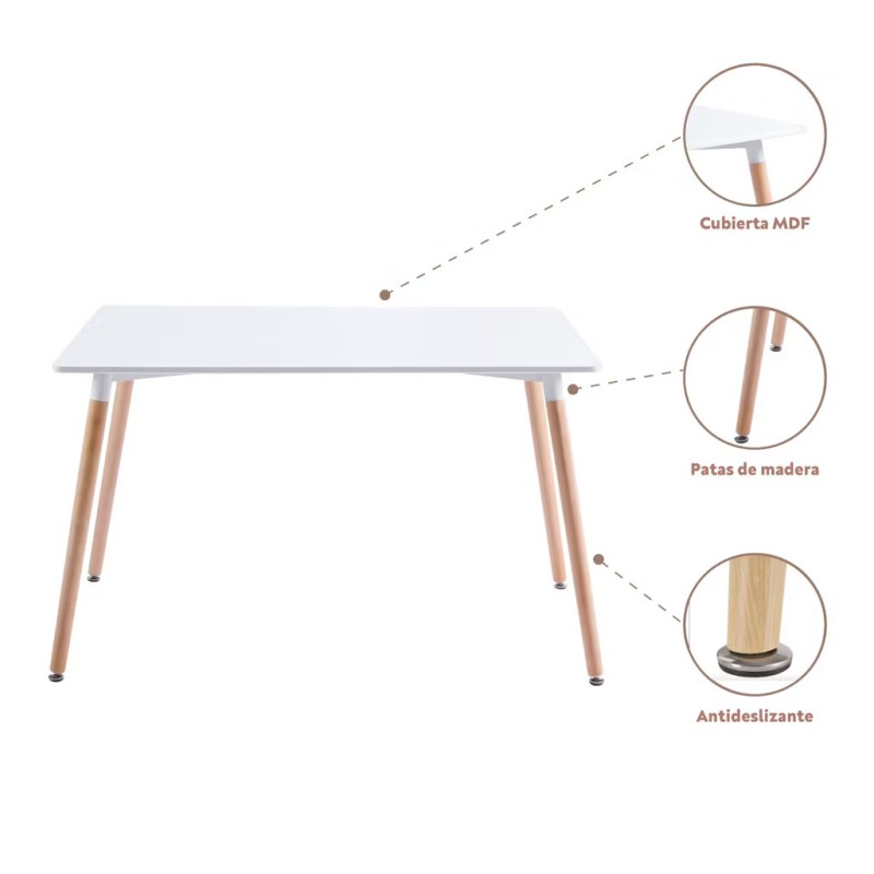 ORION91 Conjunto de 6 Sillas SIRIO Acolchadas Blanco y Mesa Rectangular 120 x 80 cm Blanco - Estilo Nórdico Ideal para Comedor, 