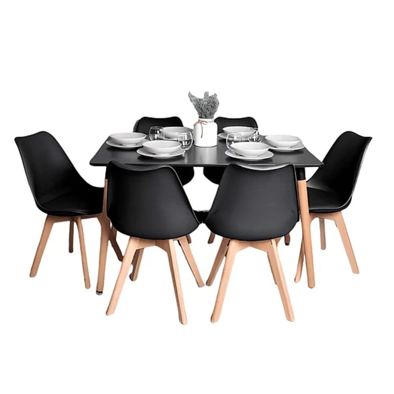 ORION91 Conjunto de 6 Sillas SIRIO Acolchadas Negro y Mesa Rectangular 120 x 80 cm Negro 🖤 - Estilo Nórdico Ideal para Comedor, 