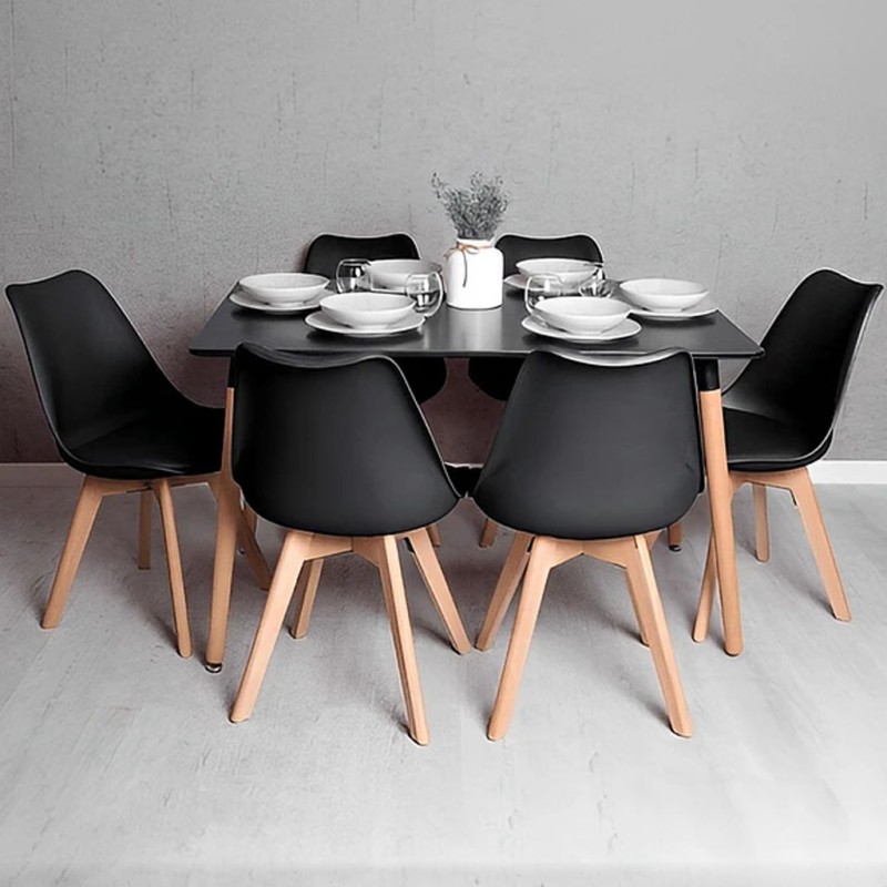 ORION91 Conjunto de 6 Sillas SIRIO Acolchadas Negro y Mesa Rectangular 120 x 80 cm Negro 🖤 - Estilo Nórdico Ideal para Comedor, 