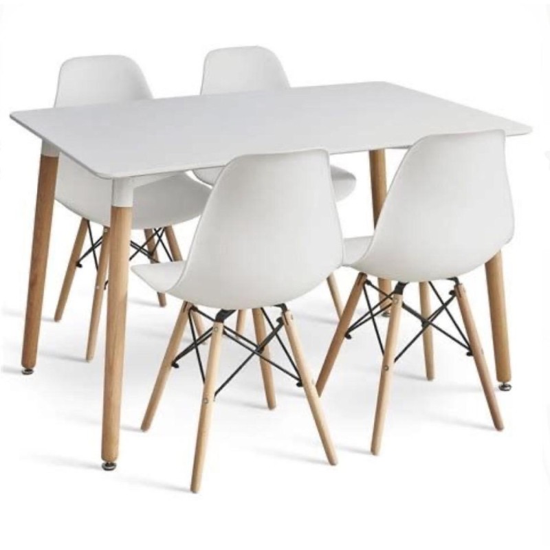 Conjunto de Comedor Orion91, Mesa Rectangular, 110x70x74 cm + 4 Sillas PVC Blanco y Patas de Madera, Ideal para Salón, Oficina,