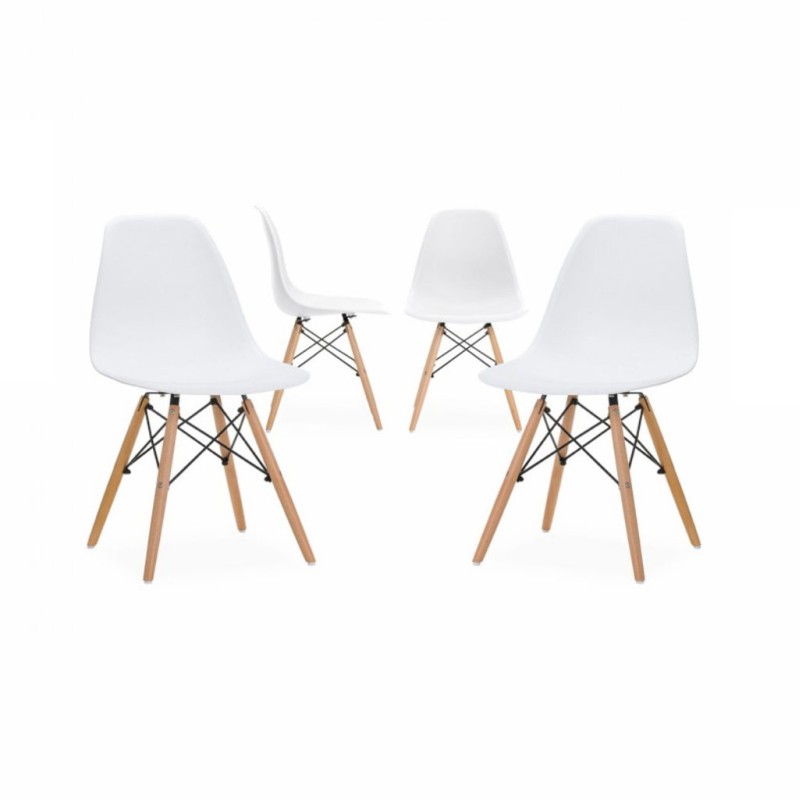 Conjunto de Comedor Orion91, Mesa Rectangular, 110x70x74 cm + 4 Sillas PVC Blanco y Patas de Madera, Ideal para Salón, Oficina, 