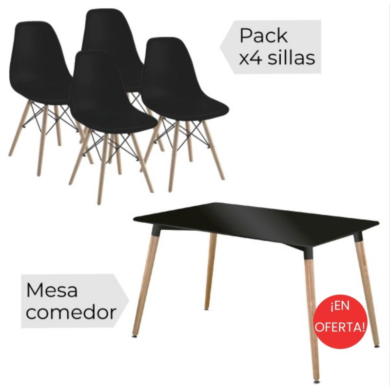 ORION91 Conjunto Mesa 110x70x74cm + 4 Sillas ORION91 Polipropileno Color Negro 🖤 y Patas en Madera Haya 46,5 x 48 x 82 cm Comedo
