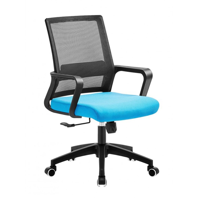 ORION91 Silla ESENTIAL de Oficina con Ruedas – Color Negro 🖤, Respaldo Ergonómico Transpirable Malla negra y Asiento azul claro 
