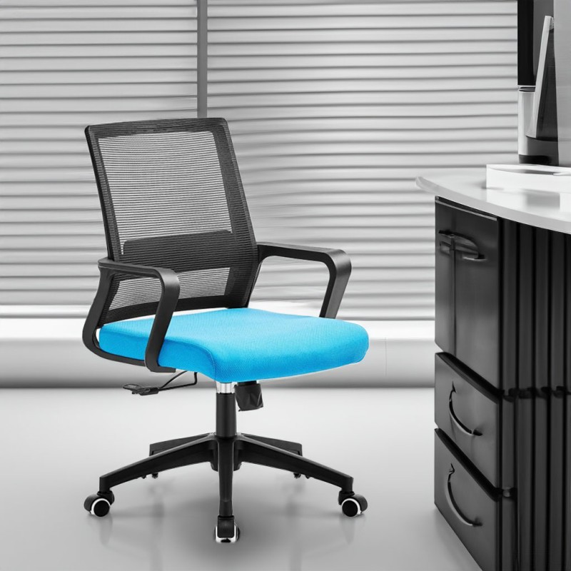 ORION91 Silla ESENTIAL de Oficina con Ruedas – Color Negro 🖤, Respaldo Ergonómico Transpirable Malla negra y Asiento azul claro 