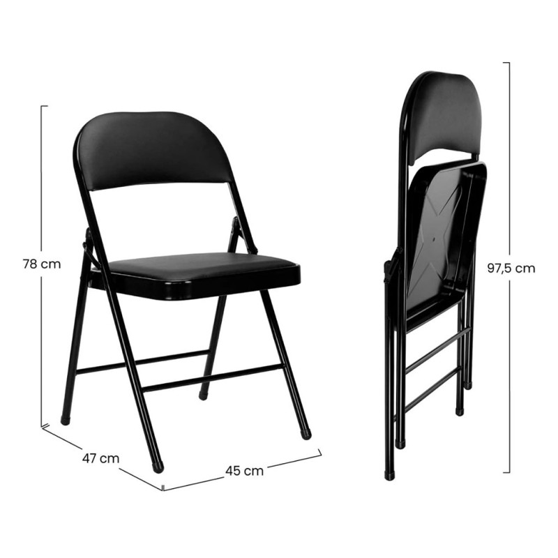 ORION91 Silla ELARA Plegable (47x45x78 cm) Metal Negro y Asiento Acolchado Piel Sintética Negro Cocina Comedor Jardín Camping -