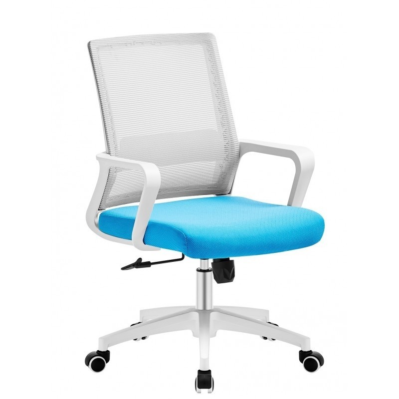 ORION91 Silla ESENTIAL de Oficina con Ruedas – Color Blanco, Respaldo Ergonómico Transpirable Malla Gris y Asiento azul claro 56