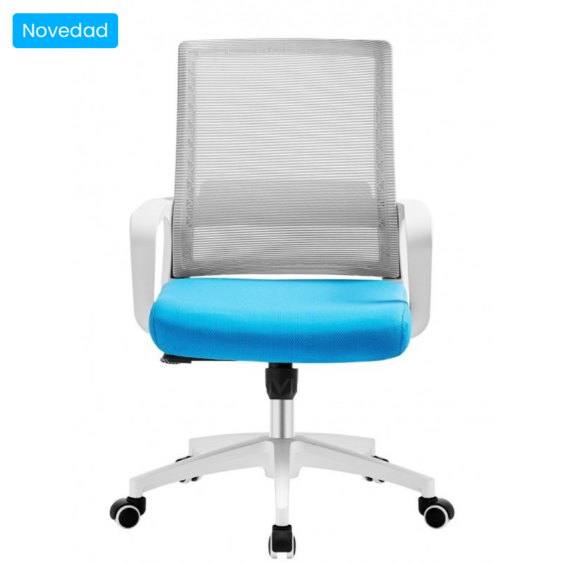 ORION91 Silla ESENTIAL de Oficina con Ruedas – Color Blanco, Respaldo Ergonómico Transpirable Malla Gris y Asiento azul claro 56