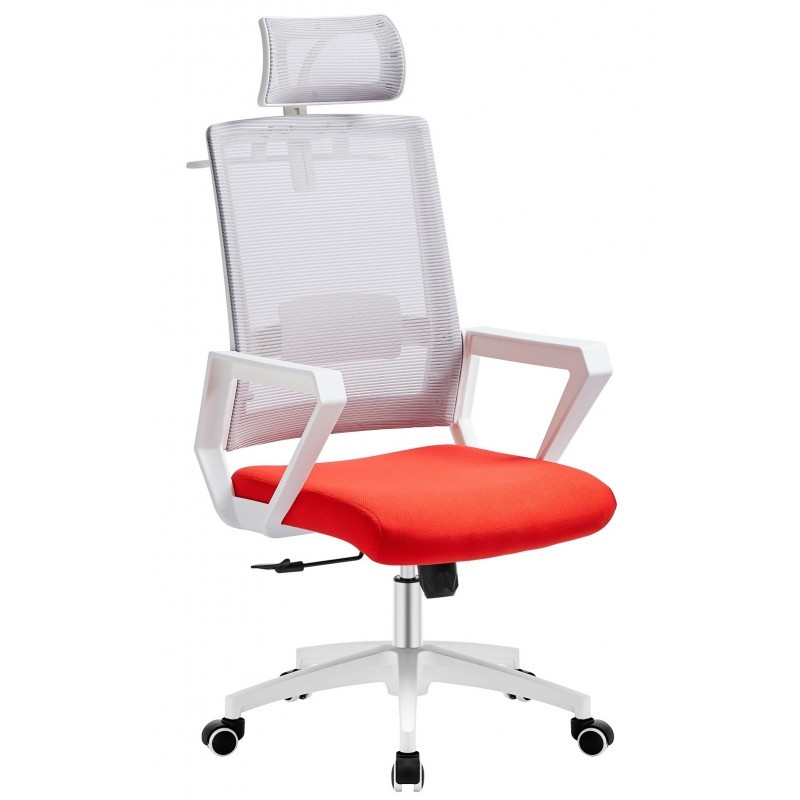 ORION91 Silla ESENTIAL de Oficina Director con Ruedas – Color Blanco Respaldo Ergonómico Transpirable Malla Gris y Asiento Rojo 