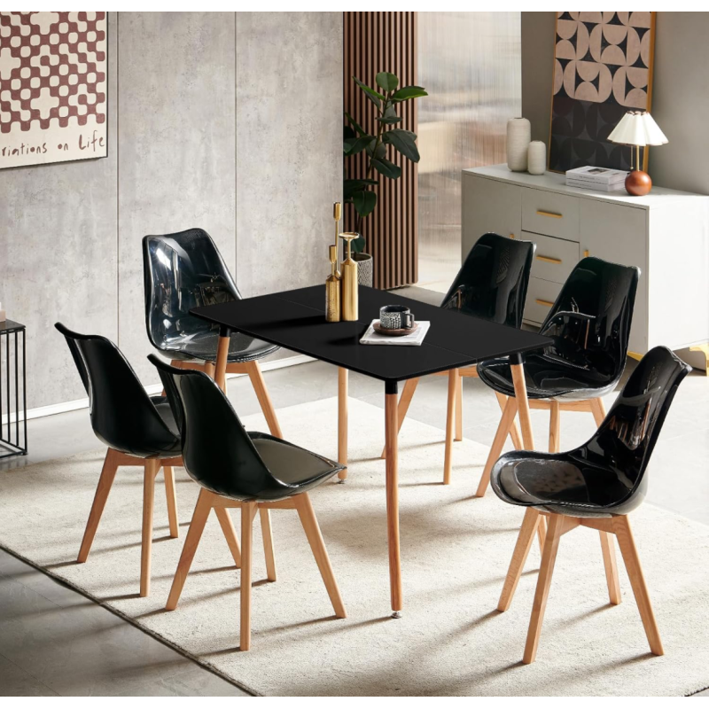 ORION91 Silla DRACO Negro Espejo Piel Sintética Acolchado Negro 🖤 Patas Madera de Haya 56x83x50cm Comedor Oficina Salón Teletrab
