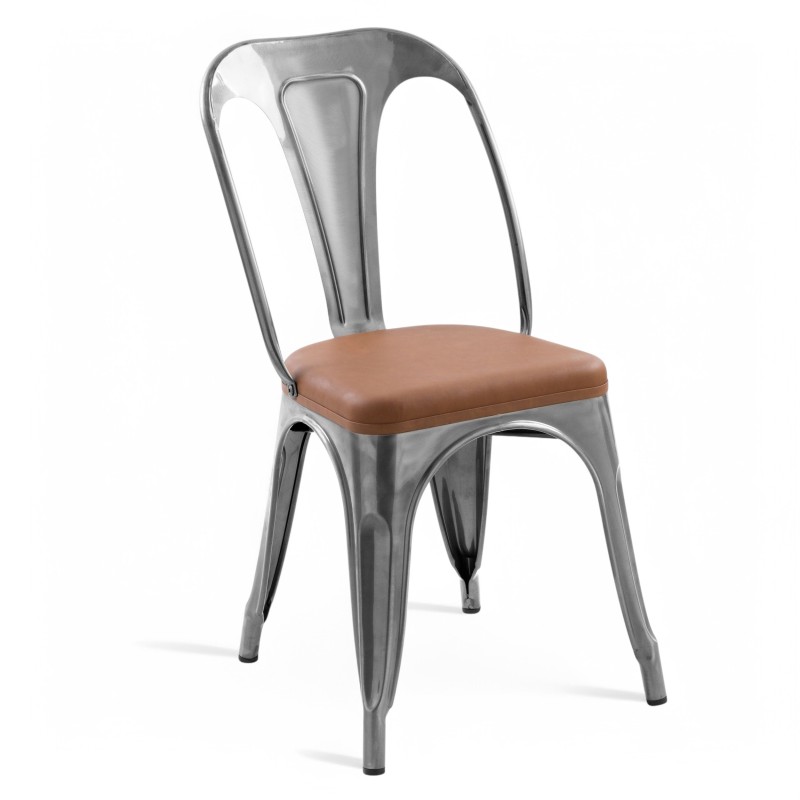 ORION91 Silla VERSO EDITION Cromo Mate y Asiento Marrón Cuero Sintético Alta Calidad Apilable (84x43x45 cm) Estilo Industrial An