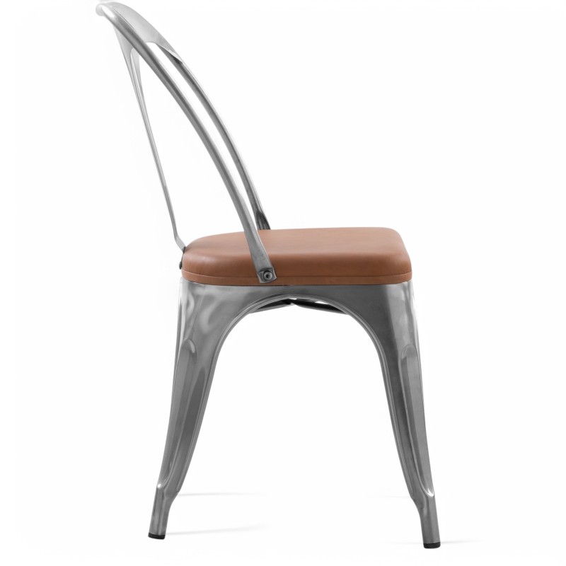 ORION91 Silla VERSO EDITION Cromo Mate y Asiento Marrón Cuero Sintético Alta Calidad Apilable (84x43x45 cm) Estilo Industrial An