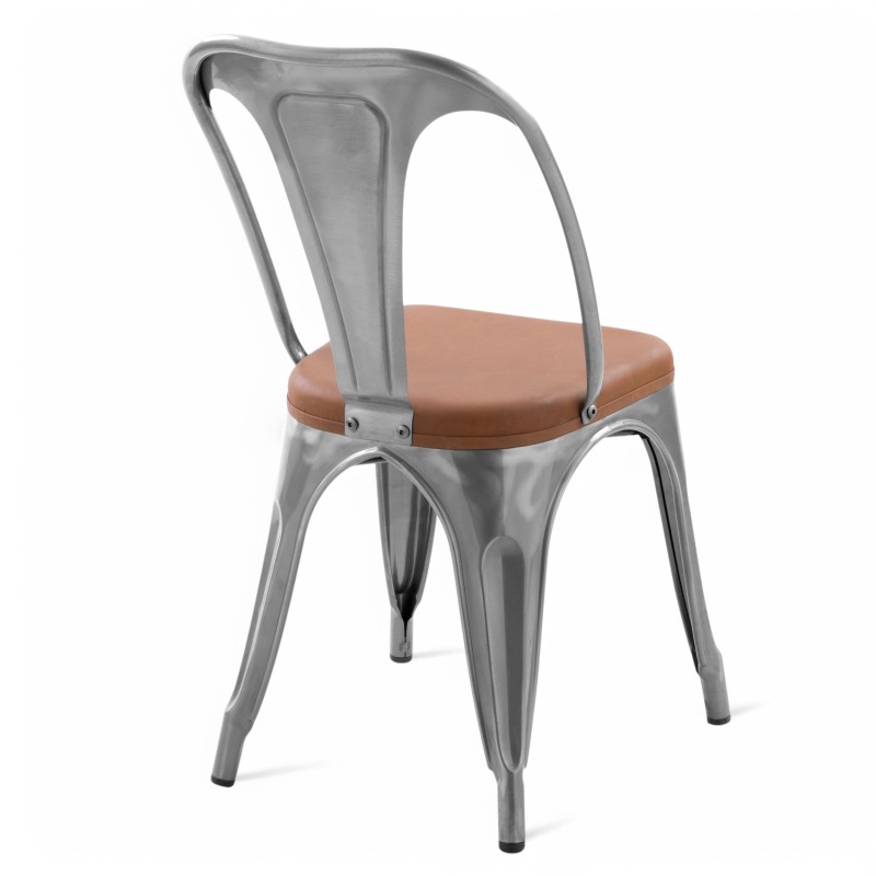 ORION91 Silla VERSO EDITION Cromo Mate y Asiento Marrón Cuero Sintético Alta Calidad Apilable (84x43x45 cm) Estilo Industrial An
