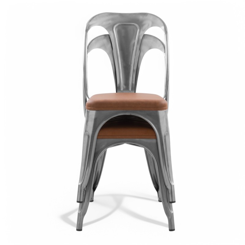 ORION91 Silla VERSO EDITION Cromo Mate y Asiento Marrón Cuero Sintético Alta Calidad Apilable (84x43x45 cm) Estilo Industrial An