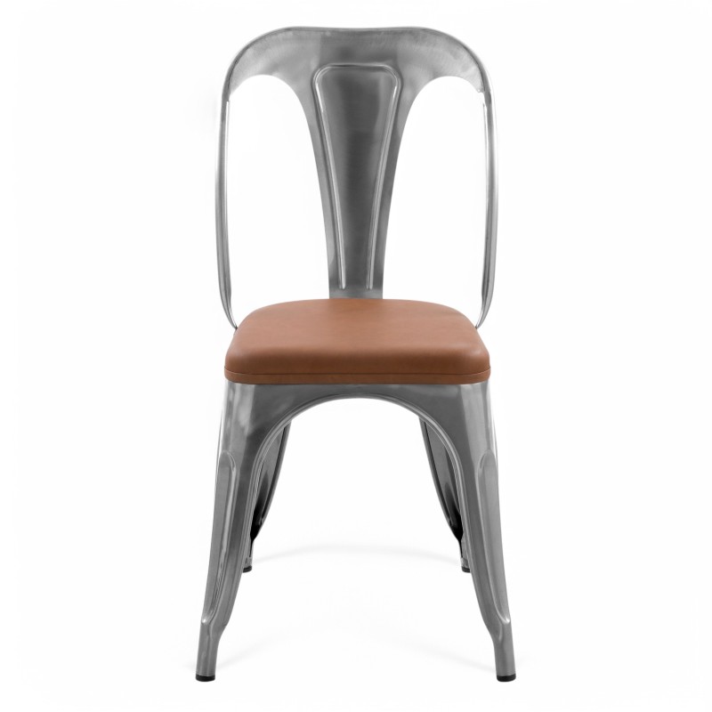 ORION91 Silla VERSO EDITION Cromo Mate y Asiento Marrón Cuero Sintético Alta Calidad Apilable (84x43x45 cm) Estilo Industrial An