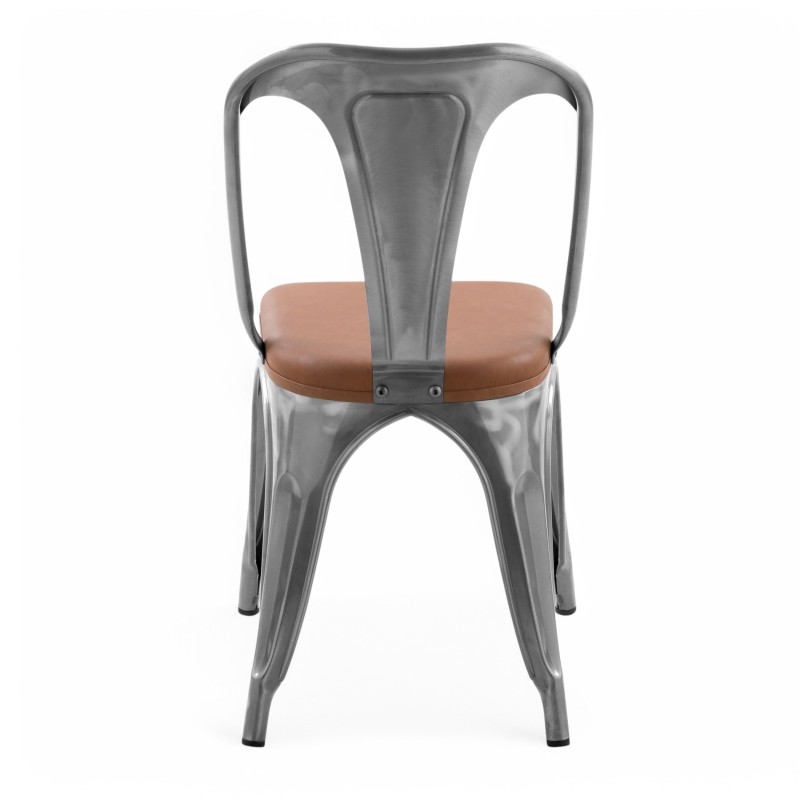 ORION91 Silla VERSO EDITION Cromo Mate y Asiento Marrón Cuero Sintético Alta Calidad Apilable (84x43x45 cm) Estilo Industrial An