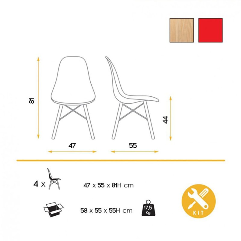 ORION91oficial® - Silla de Comedor, O91, Polipropileno Color Rojo y Patas en (VARIOS COLORES) 46,5 x 48 x 82 cm, Hostelería-Bar-